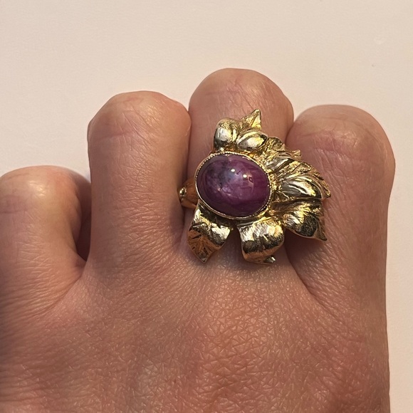 Jewelry - ANTIQUE 14K YELLOW GOLD MASSIVE RING "FLOWER" with "RED STAR"-RUBY, ART NOUVEAU